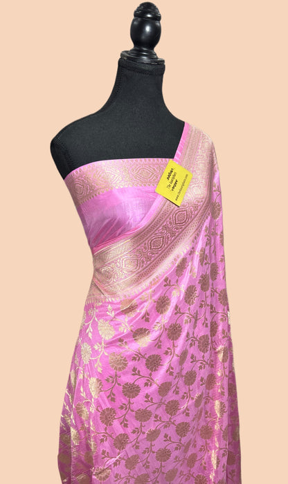 German Pink Pure Katan Silk Banarasi Handloom Saree - Sona Jaal Work