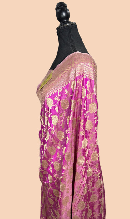 Dual Shade Pink Pure Katan Silk Banarasi Handloom Saree - Sona Jaal Work