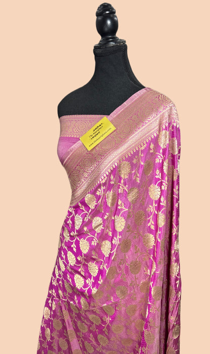 Dual Shade Pink Pure Katan Silk Banarasi Handloom Saree - Sona Jaal Work