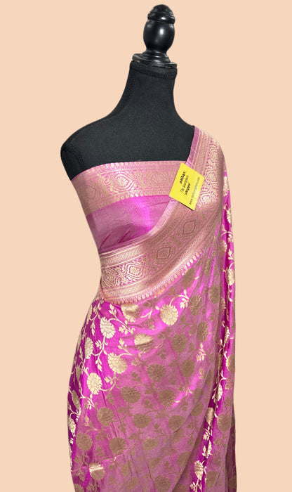 Dual Shade Pink Pure Katan Silk Banarasi Handloom Saree - Sona Jaal Work