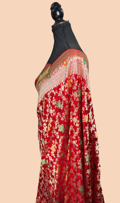 Blood Red Pure Katan Banarasi Handloom Saree - Meenakari Jaal Work