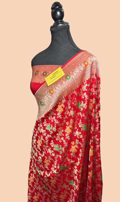 Blood Red Pure Katan Banarasi Handloom Saree - Meenakari Jaal Work