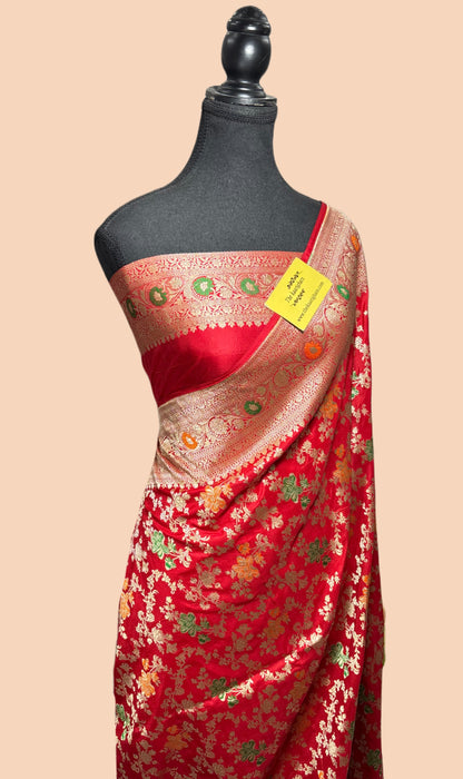 Blood Red Pure Katan Banarasi Handloom Saree - Meenakari Jaal Work