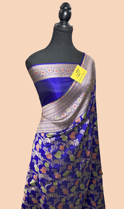 Spanish Blue Pure Katan Banarasi Handloom Saree - Meenakari Jaal Work