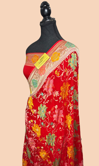 Red Khaddi Georgette Banarasi Handloom Saree - Meenakari