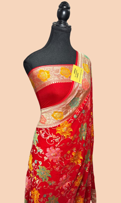 Red Khaddi Georgette Banarasi Handloom Saree - Meenakari