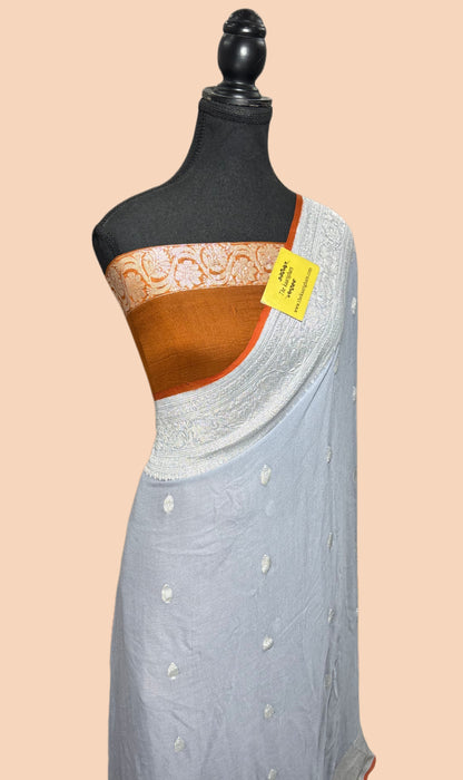 Gray Pure Kadhwa Chiffon  Banarasi Saree - Silver Zari