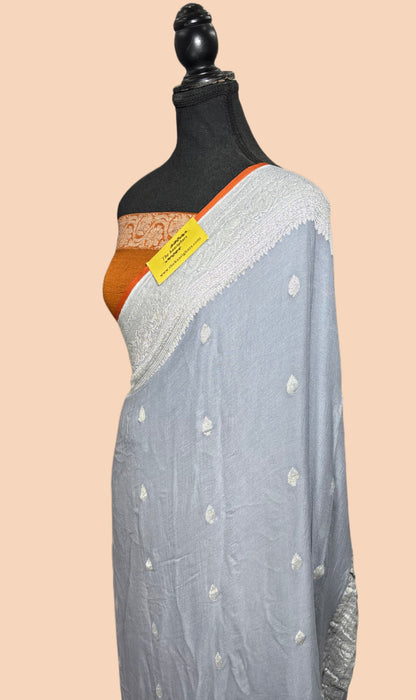 Gray Pure Kadhwa Chiffon  Banarasi Saree - Silver Zari