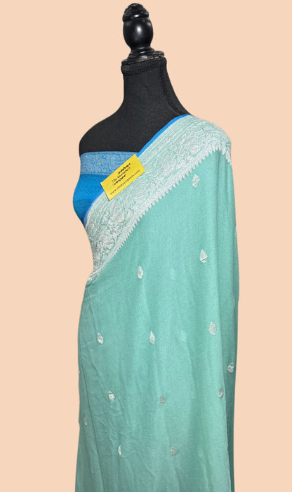 Glacier Blue Pure Kadhwa Chiffon Georgette Banarasi Saree - Silver Zari