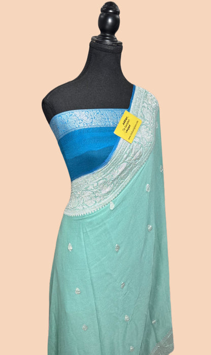 Glacier Blue Pure Kadhwa Chiffon Georgette Banarasi Saree - Silver Zari