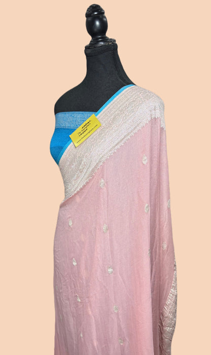 Pink Pure Kadhwa Chiffon Georgette Banarasi Saree - Silver Zari