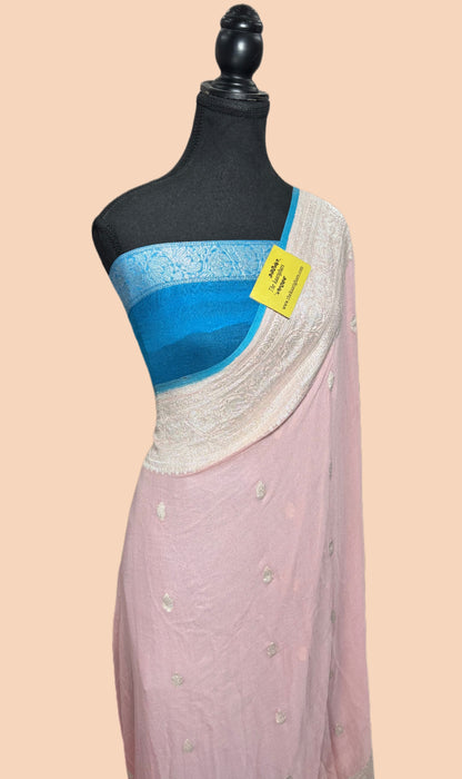 Pink Pure Kadhwa Chiffon Georgette Banarasi Saree - Silver Zari