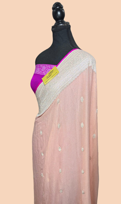 Pink Pure Kadhwa Chiffon Georgette Banarasi Saree - Silver Zari