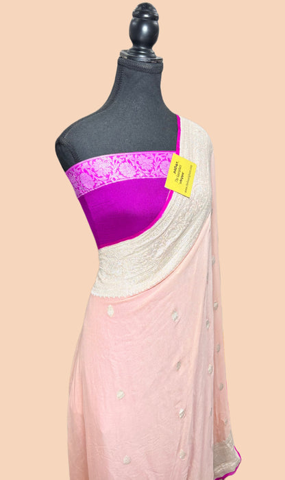 Pink Pure Kadhwa Chiffon Georgette Banarasi Saree - Silver Zari