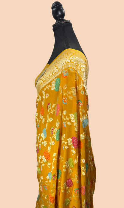 Gold Khaddi Georgette Banarasi Handloom Saree - Meenakari