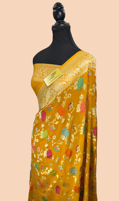 Gold Khaddi Georgette Banarasi Handloom Saree - Meenakari