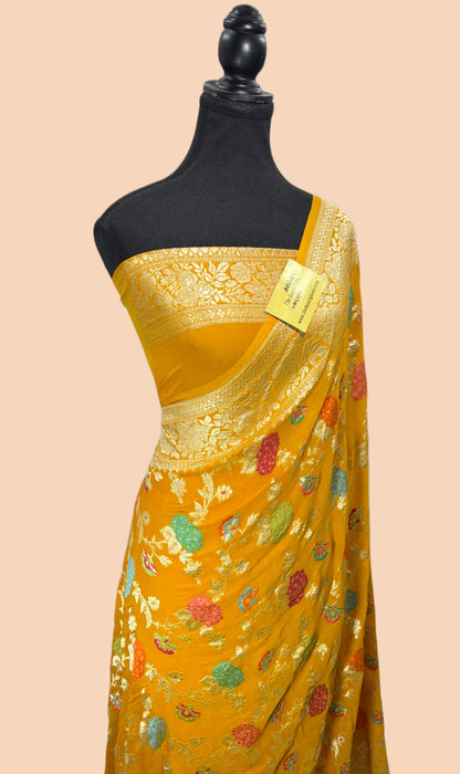 Gold Khaddi Georgette Banarasi Handloom Saree - Meenakari