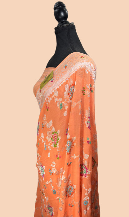 Peach Khaddi Georgette Banarasi Handloom Saree - Meenakari