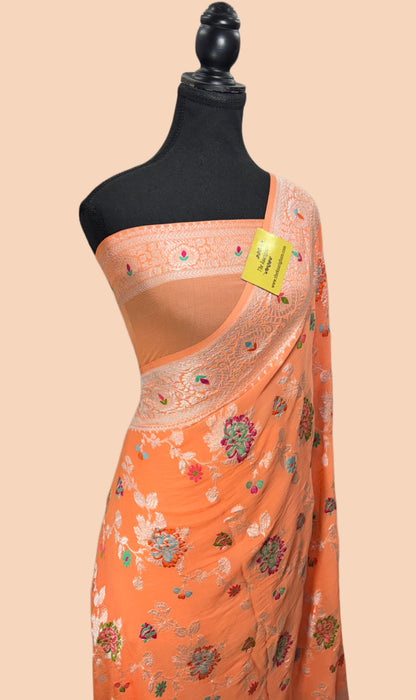 Peach Khaddi Georgette Banarasi Handloom Saree - Meenakari