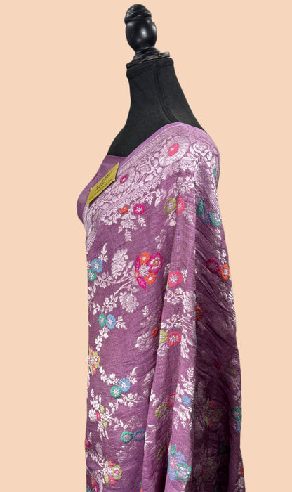 Lavender Pure Tussar Georgette Banarasi Handloom Saree - Meenakari Jaal