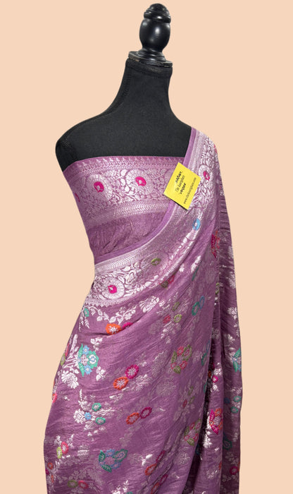 Lavender Pure Tussar Georgette Banarasi Handloom Saree - Meenakari Jaal