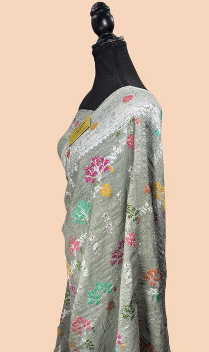 Gray Pure Tussar Georgette Banarasi Handloom Saree - Meenakari Jaal