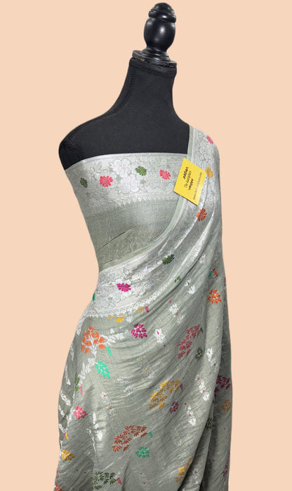 Gray Pure Tussar Georgette Banarasi Handloom Saree - Meenakari Jaal