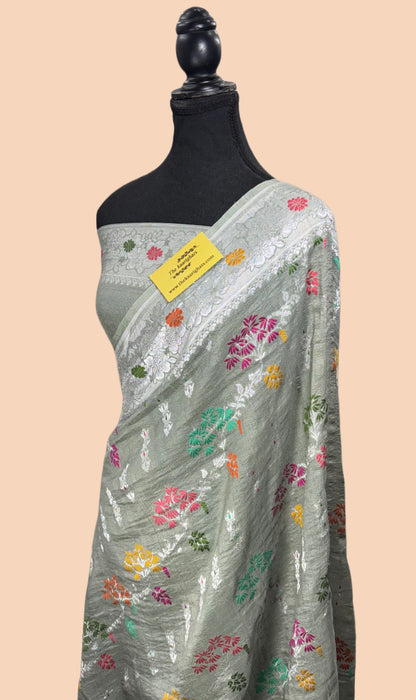 Gray Pure Tussar Georgette Banarasi Handloom Saree - Meenakari Jaal