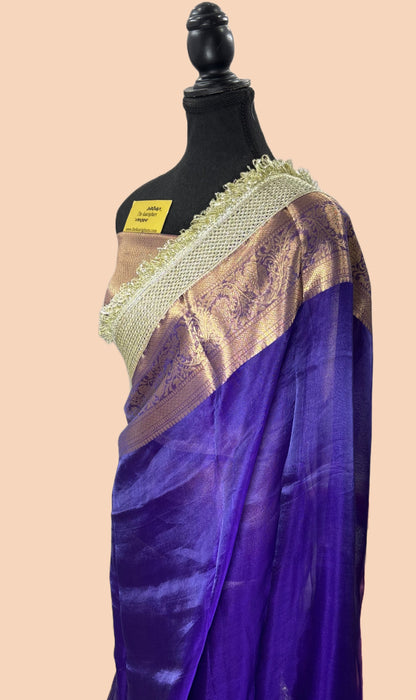 Navy Blue Pure Banarasi Tissue Handloom Saree - Designer Reshmi Zari