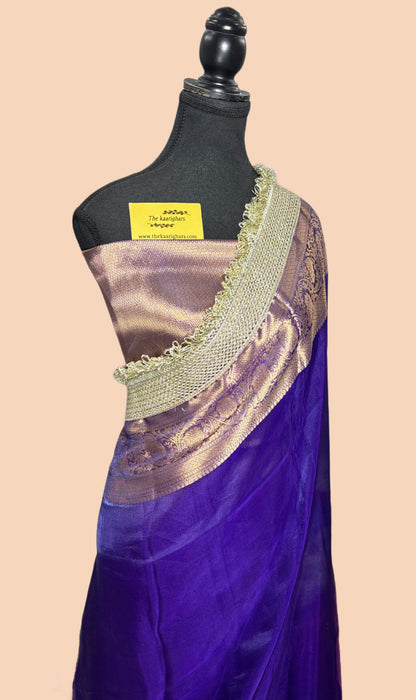 Navy Blue Pure Banarasi Tissue Handloom Saree - Designer Reshmi Zari