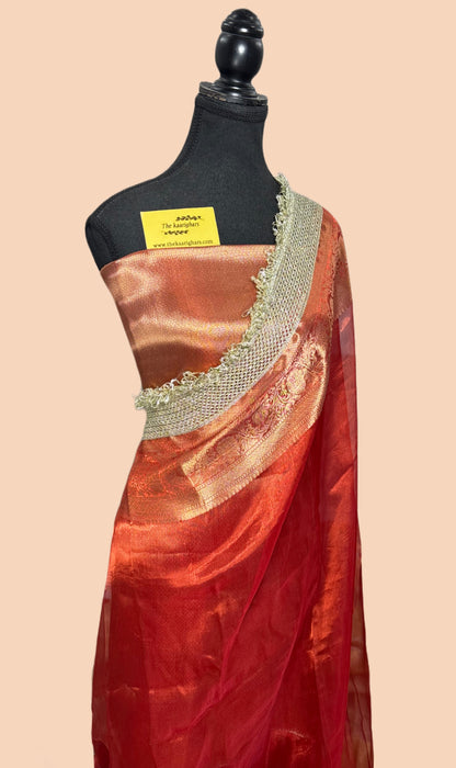 Red Pure Banarasi Tissue Handloom Saree - Designer Reshmi Zari