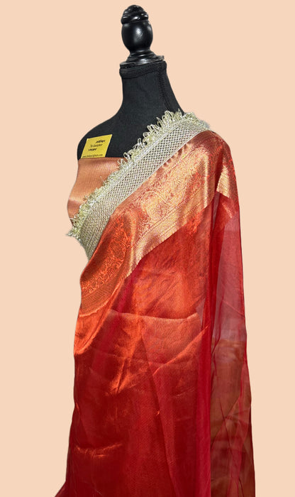 Red Pure Banarasi Tissue Handloom Saree - Designer Reshmi Zari