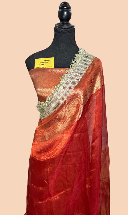 buy pure red Banarasi tissue Saree in USA