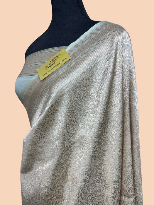 Metallic Silver Pure Katan Silk Banarasi Handloom Saree - Tanchui Brocade