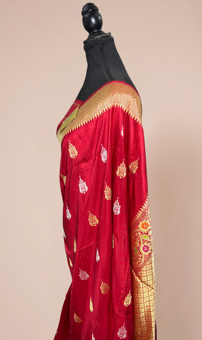 Red Pure Katan Banarasi Handloom Saree -  Paithani Sona Roopa Meenakari