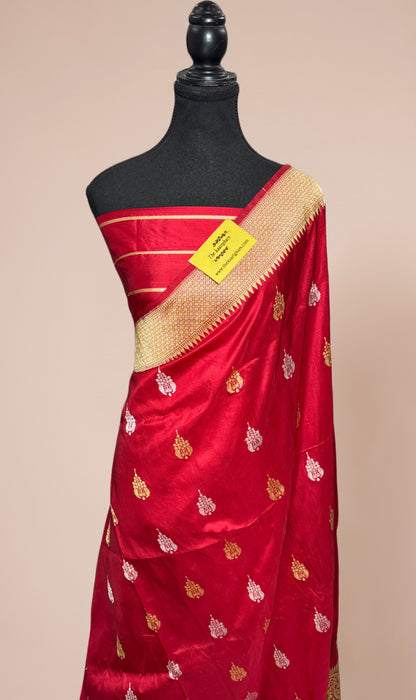 Red Pure Katan Banarasi Handloom Saree -  Paithani Sona Roopa Meenakari