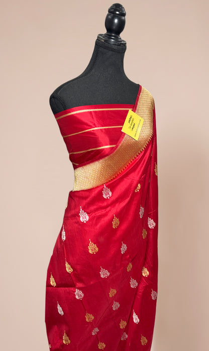 Red Pure Katan Banarasi Handloom Saree -  Paithani Sona Roopa Meenakari