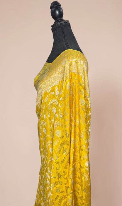 Yellow Pure Katan Banarasi Handloom Saree - Sona Roopa Jaal Work
