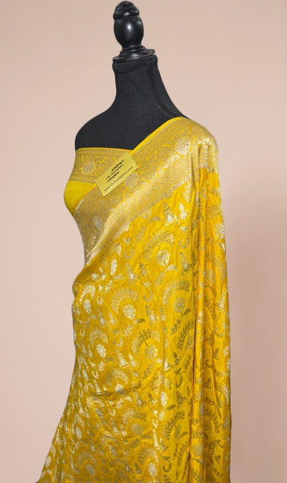 Yellow Pure Katan Banarasi Handloom Saree - Sona Roopa Jaal Work