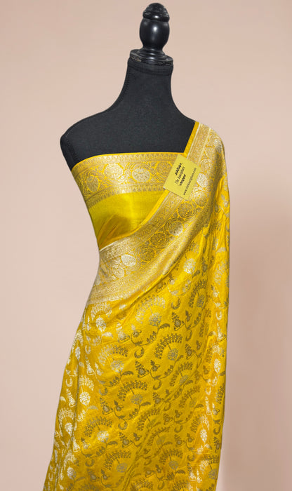 Yellow Pure Katan Banarasi Handloom Saree - Sona Roopa Jaal Work