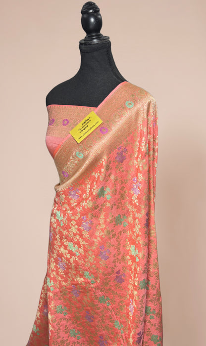Peach Pure Katan Banarasi Handloom Saree - Meenakari Jangla