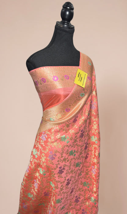 Peach Pure Katan Banarasi Handloom Saree - Meenakari Jangla