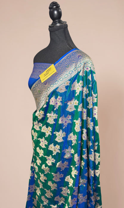 German Blue Pure Katan Banarasi Handloom Saree - Tilfi Meenakari Work