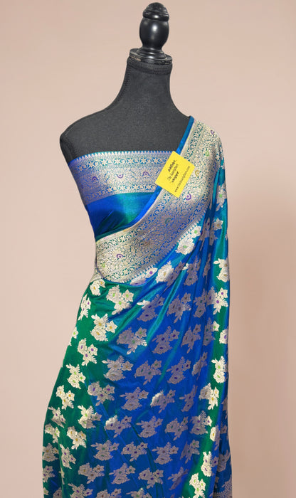 German Blue Pure Katan Banarasi Handloom Saree - Tilfi Meenakari Work