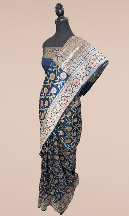 German Blue Pure Katan Banarasi Handloom Saree - Sona Meenakari Work