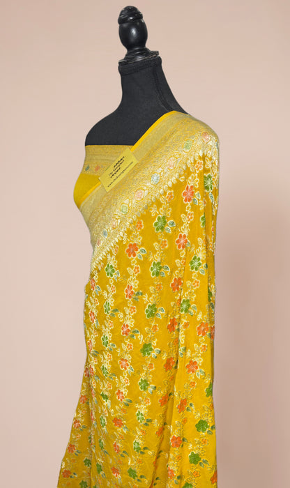 Hot Yellow Pure Khaddi Georgette Banarasi Handloom Saree - Hand Meenakari