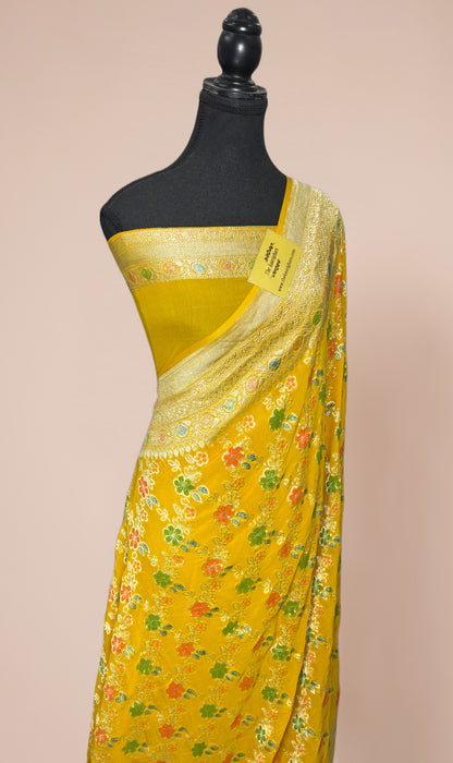 Hot Yellow Pure Khaddi Georgette Banarasi Handloom Saree - Hand Meenakari