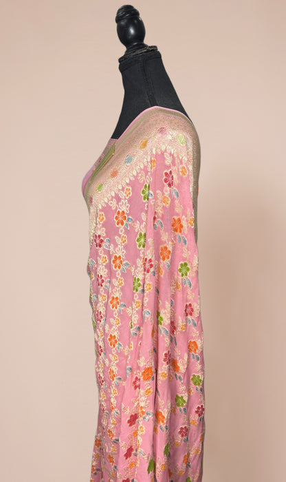 Pink Pure Khaddi Georgette Banarasi Handloom Saree - Hand Meenakari