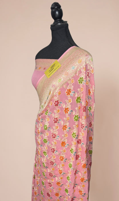 Pink Pure Khaddi Georgette Banarasi Handloom Saree - Hand Meenakari