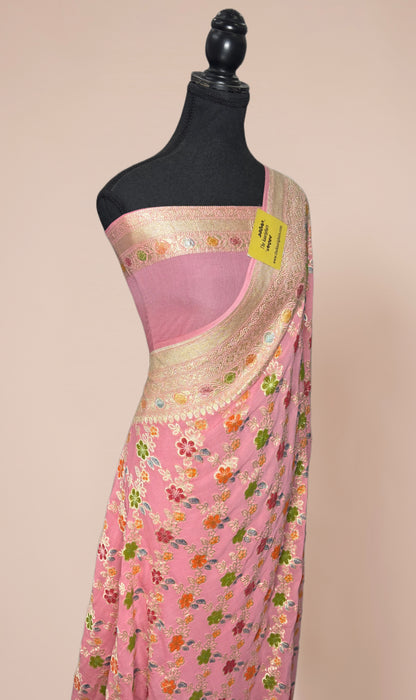 Pink Pure Khaddi Georgette Banarasi Handloom Saree - Hand Meenakari